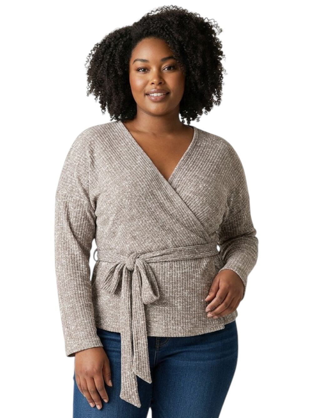 STYLIVE Tan Beige Light Knit Stretchy V Neck Sweater Long Sleeve Shirt Top XL